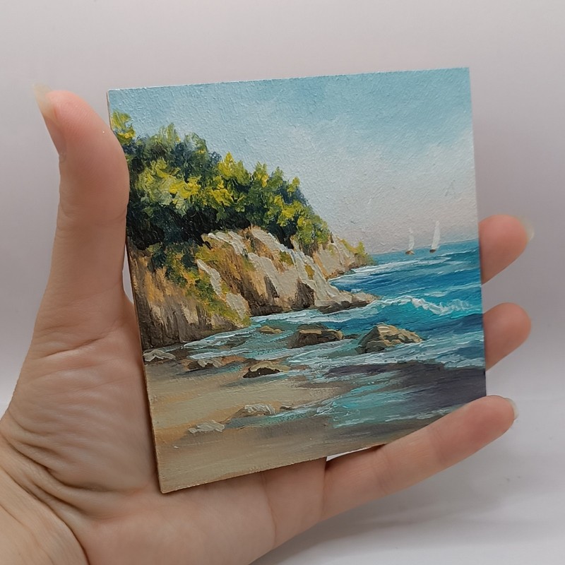 Original Miniature Seascape Oil Painting Rocky Coast Sailboats 4x4 Small Art gallery
