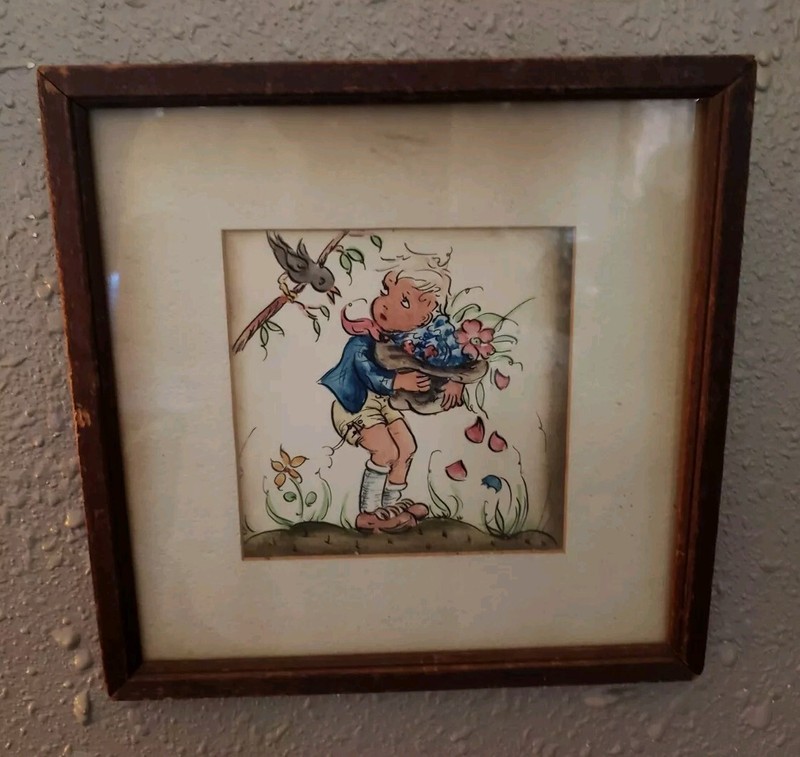 Vintage Water Color Picture, Animated Illustration, Little Girl with Flowers.