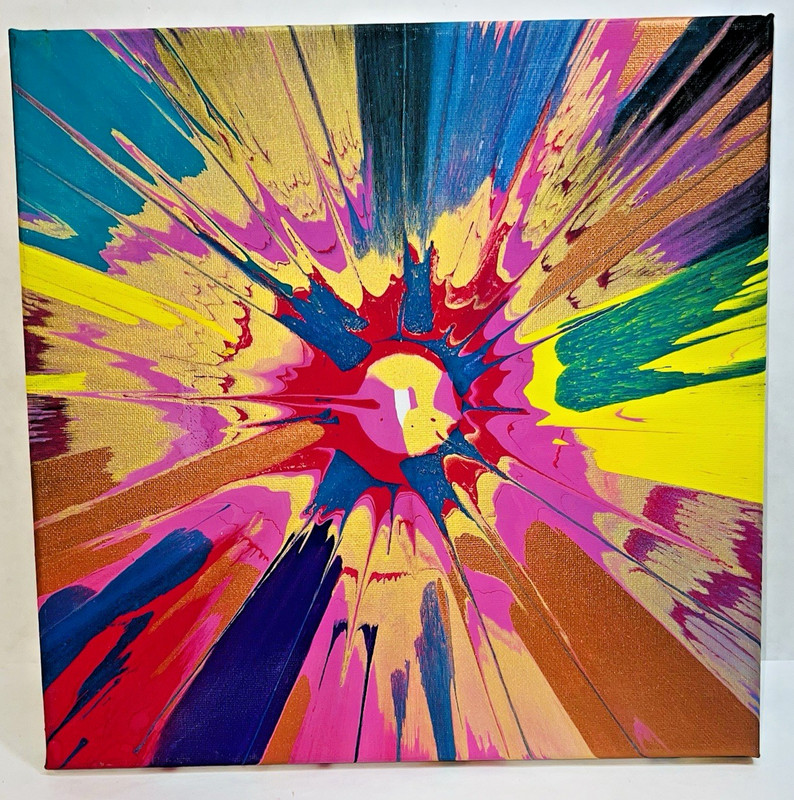 Original spun acrylic painting on 12"x12" canvas stretcher, vivid colors