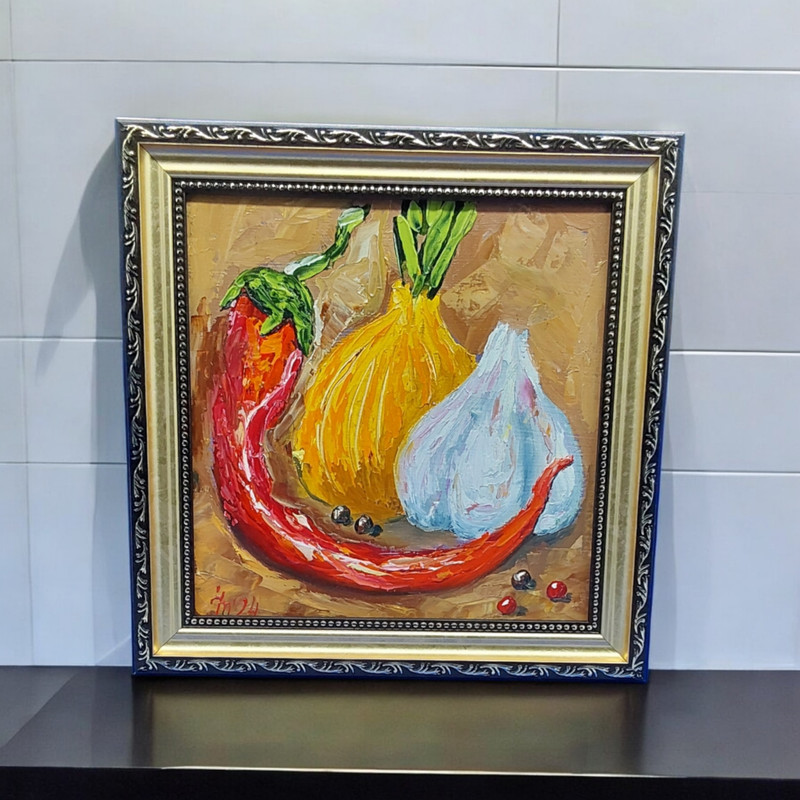 Chili Onion Garlic Original oil Painting Kitchen Decor For Her Handmade Wall Art