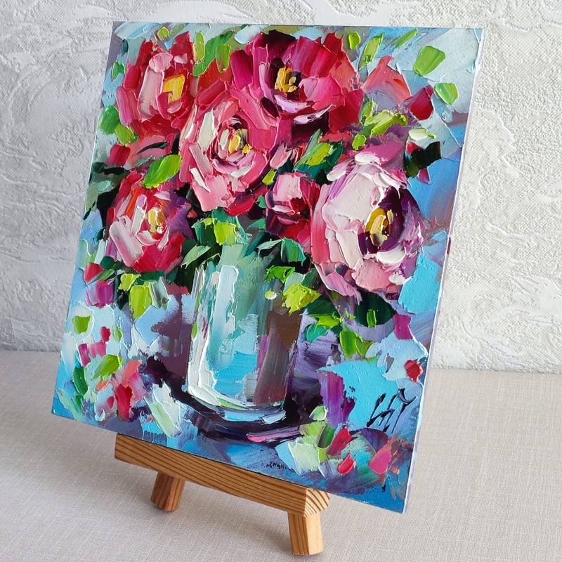 original oil painting Rose Peony Red Flowers Vase Floral Still life art 8*8 in gallery