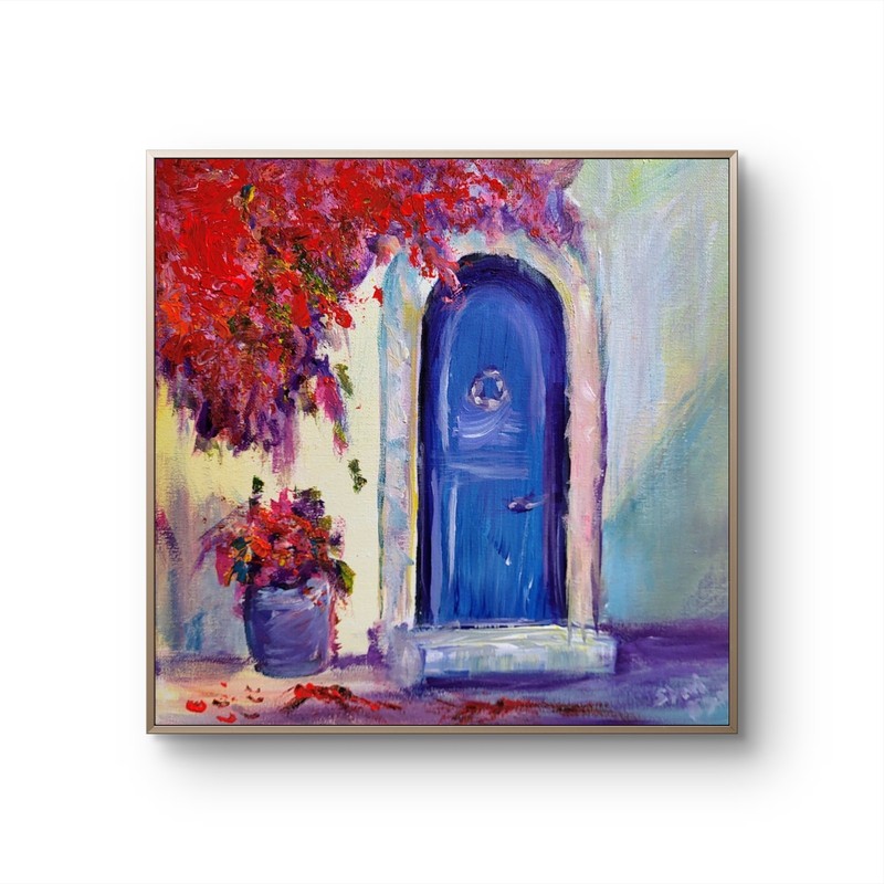 Original 12 X 12  Acrylic Mediterranean Blue Door  Painting  Canvas Modern Decor