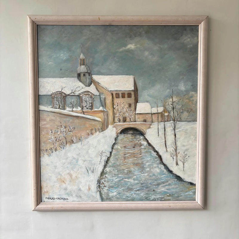 Vintage Winter Landscape Oil Painting «Snowy Bridge» Authentic French Artwork