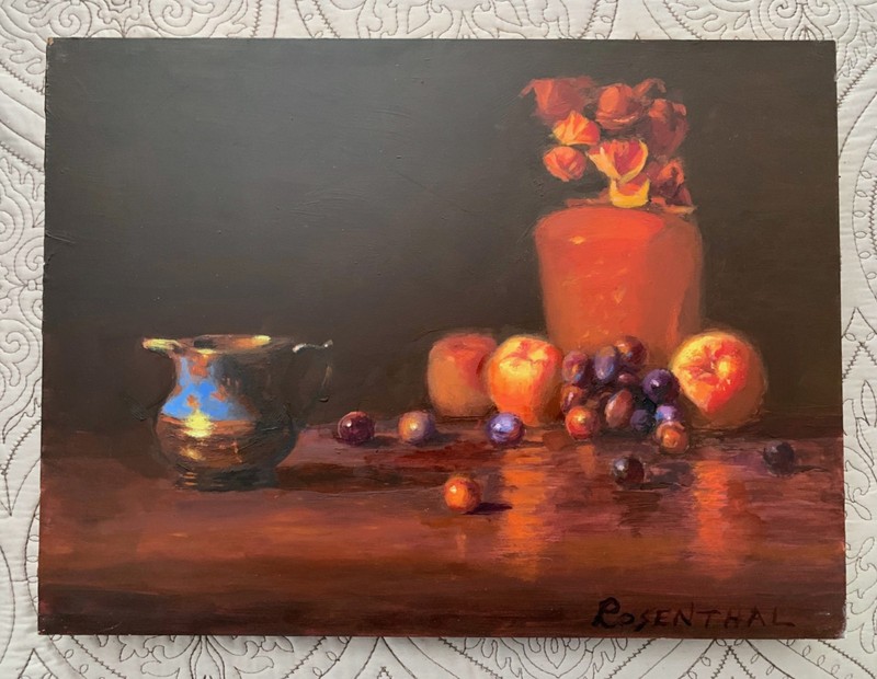 Chuck Rosenthal Still Life Painting Flowers Apples Grapes on Canvas 16 x 12″