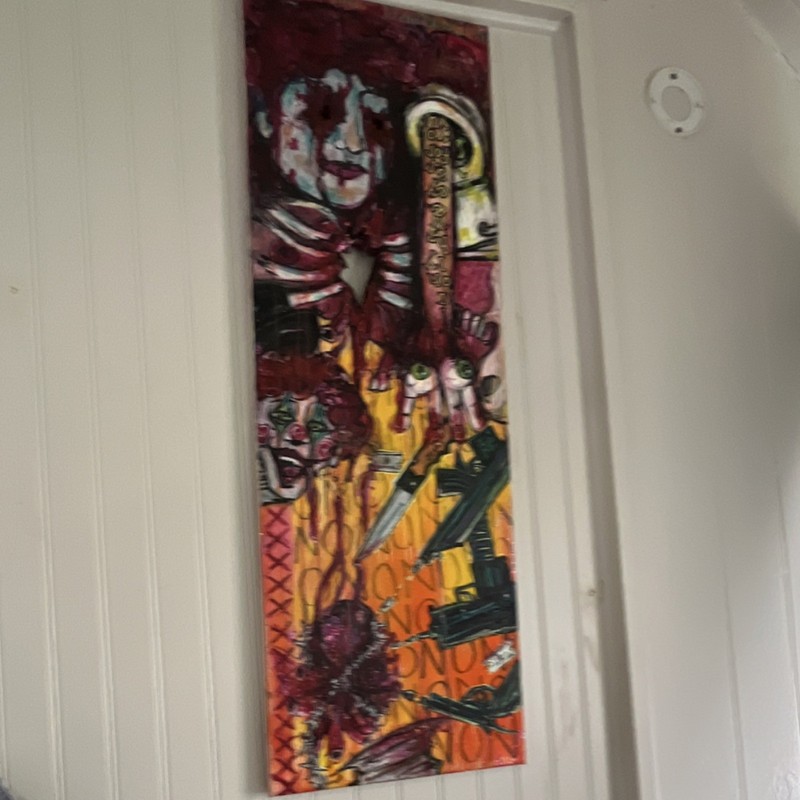 Original Abstract Expressionist Clown & Weapons Acrylic Painting on Canvas, OOAK
