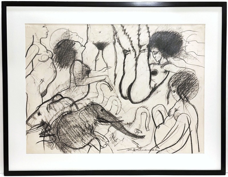 ROBERT  BEAUCHAMP 20th c. American MIXED MEDIA DRAWING Women & Elephants