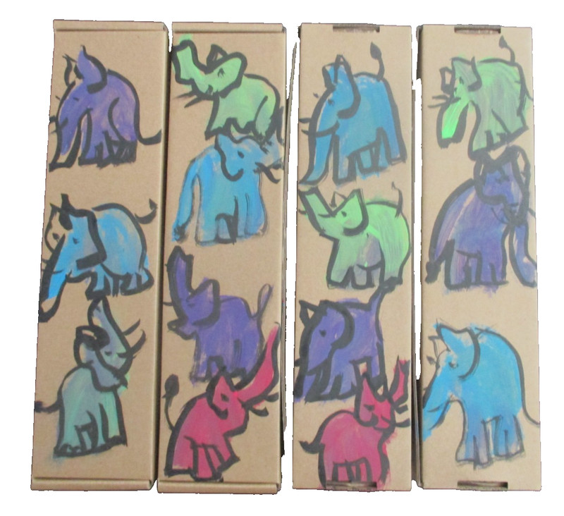 4 x elephants expressive acrylic painting sculpture boxes 29x7x7 orig sign ZM