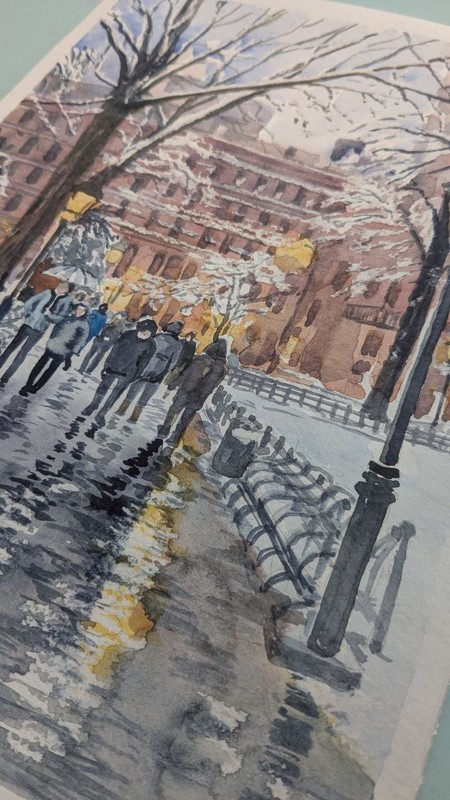 Urban Winter Evening City Watercolor Painting Snowy Road Street Lights A4 Art gallery