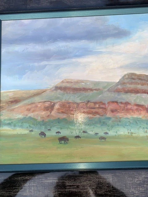 Original 2012 Bison Buffalo Landscape Panel 16”T 20”W” Signed TH Jordan Framed gallery