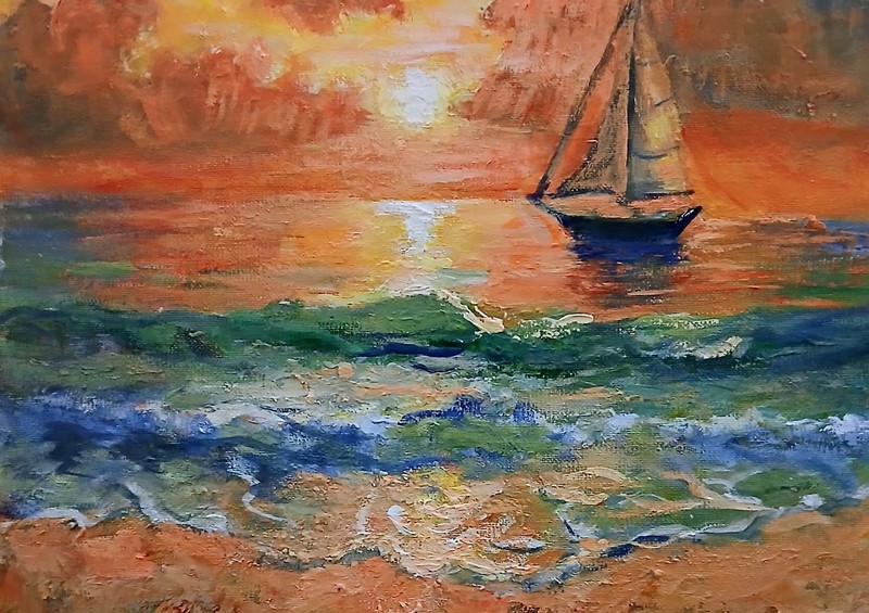 Original Sailboat Sunset Seascape Painting Impressionist Ocean Art Benjamin