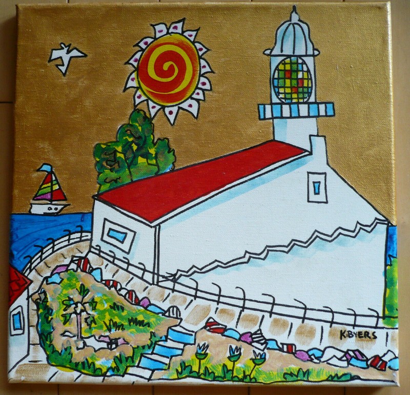 K. BYERS, CABRILLO LIGHTHOUSE, MODERN MODERNISM CALIFORNIA LANDMARK COLORFUL OIL gallery