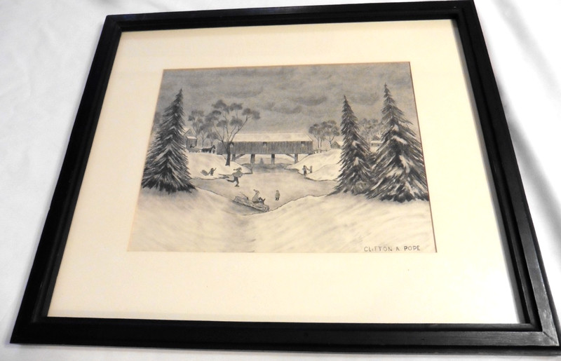 Original Clifton A. Pope Charcoal Sketch Ice Skating Winter Scene/Framed/Glass