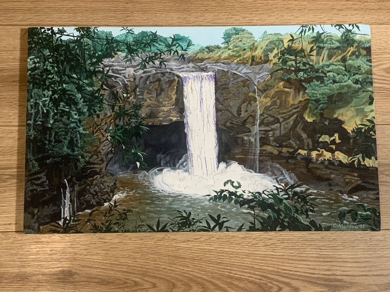 Original 1982 C. Maddox Waterfall Landscape Acrylic Painting on Canvas