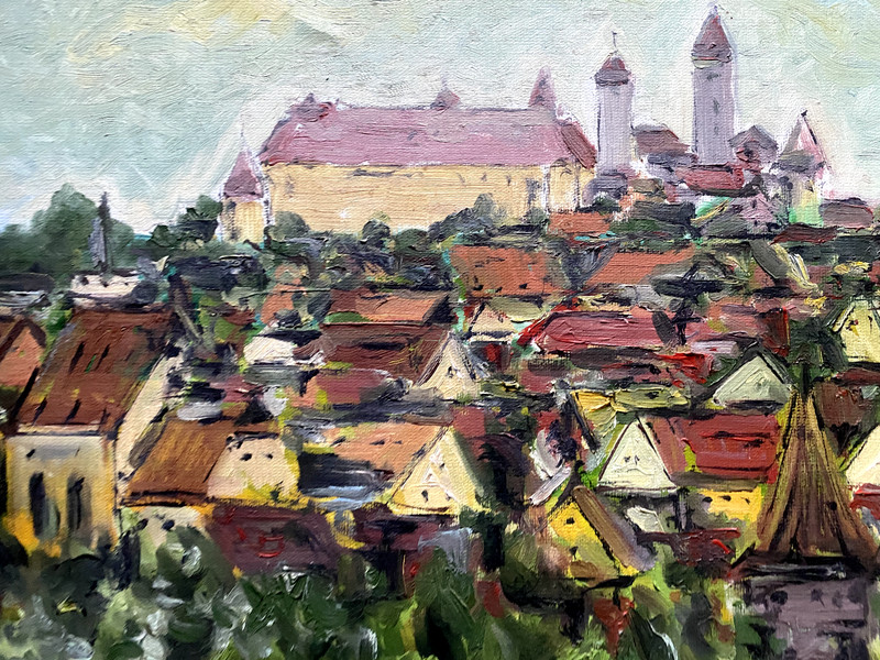 :OIL PAINTING CASTLE HARBURG SWABIA GIANT ° SIGNED KAMINSTKY ANTIQUE MEDIEVAL gallery