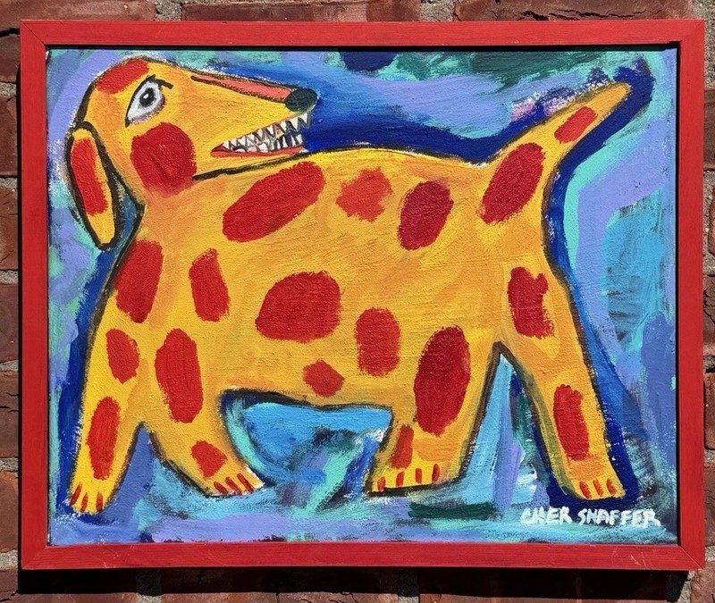North Carolina Folk Art Artist Cher Shaffer Signed Acrylic Painting Spotted Dog