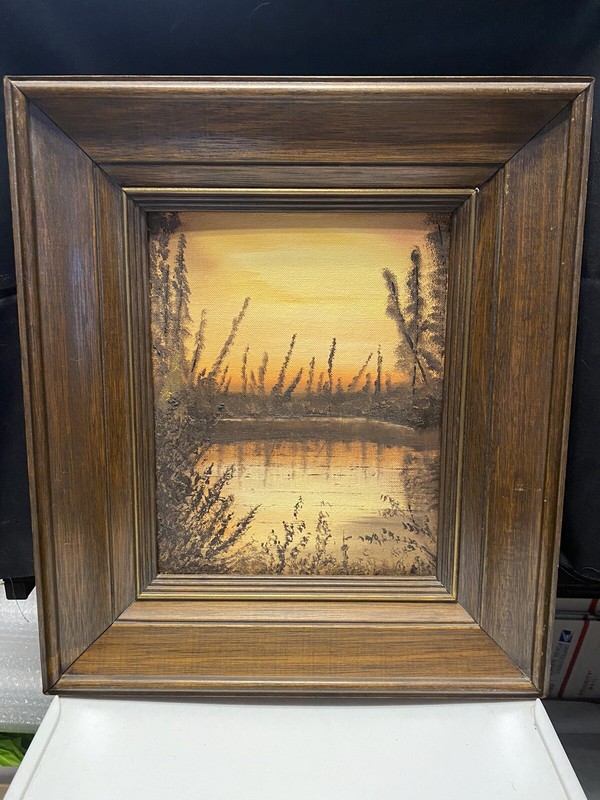 SPRUCE SUNSET -original Vintage framed oil landscape painting 10 x 8 inch canvas