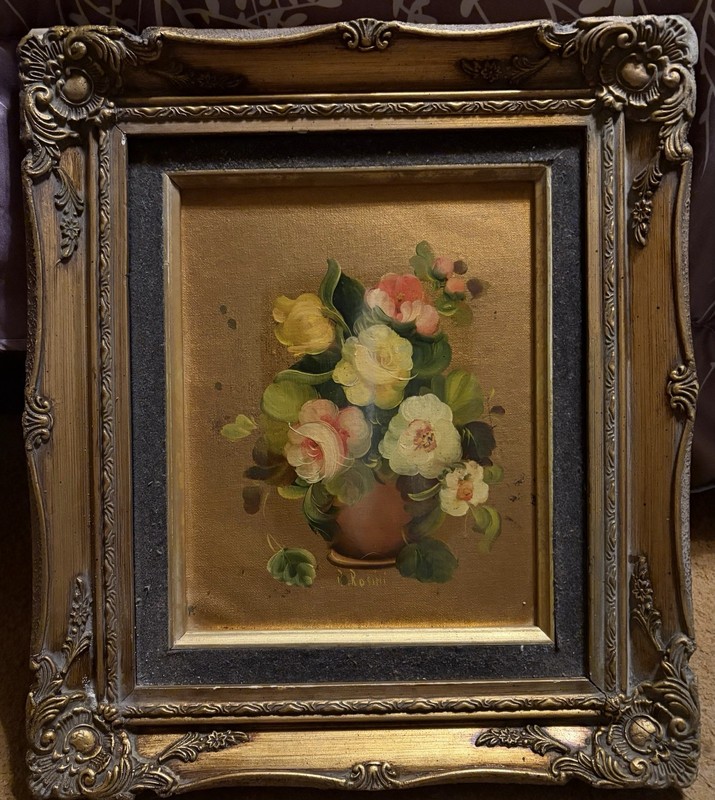 R. Rosini Signed Framed Floral Still Life Oil Painting on Canvas 13×15 Inches