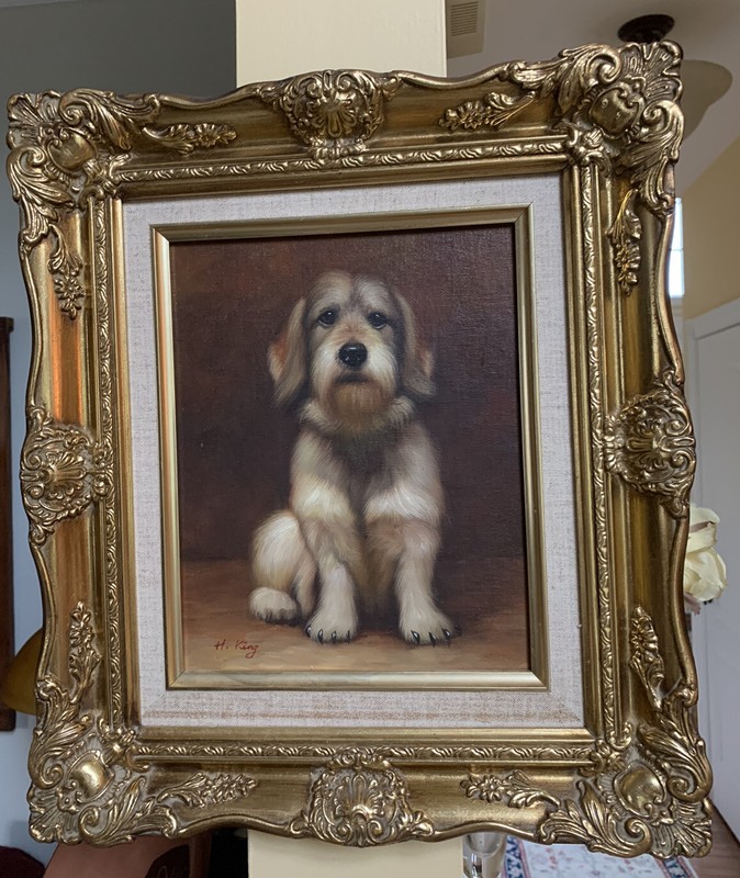 Acrylic painting On wood board Beautiful Dog by artist H. King, Vintage