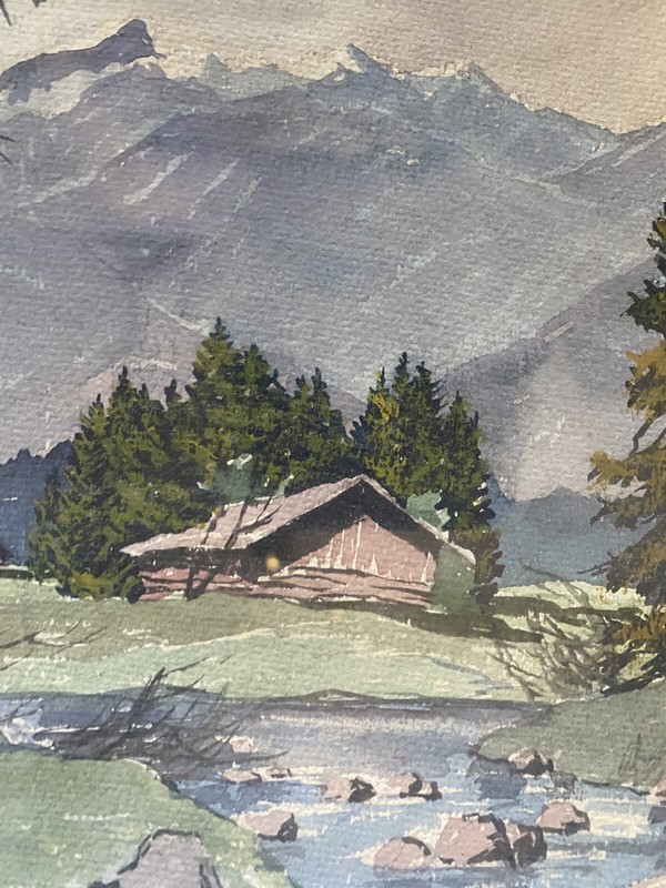 ::WATERCOLOUR A. LEMKE SIGNED °ALPS COTTAGE MOUNTAINS FRAME LANDSCAPE NATURE ANTIQUE gallery