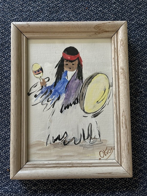 Little Drummer Indian Child Original Signed Framed Art 5x7in