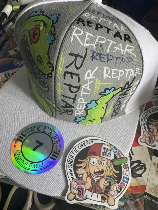 Fitted Size 7 Hand Painted Graffiti Art Hat Hip Hop Shortiez Ink Reptar Dino gallery