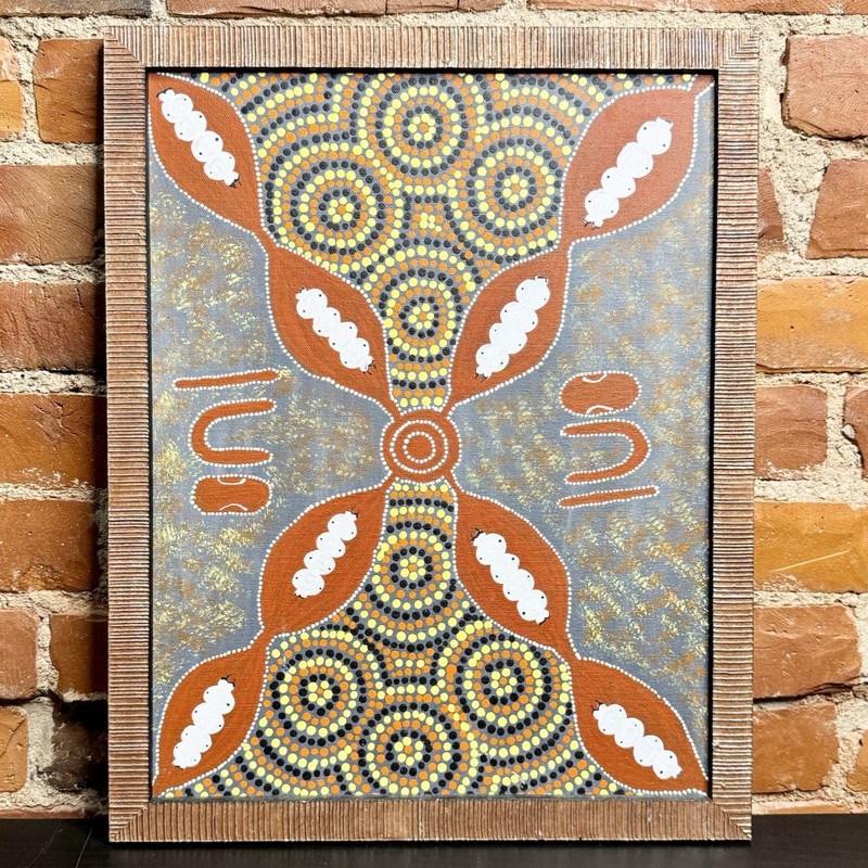 Cathy Wayne Aboriginal Dot Painting Women Digging for Witchetty Grubs Framed Art