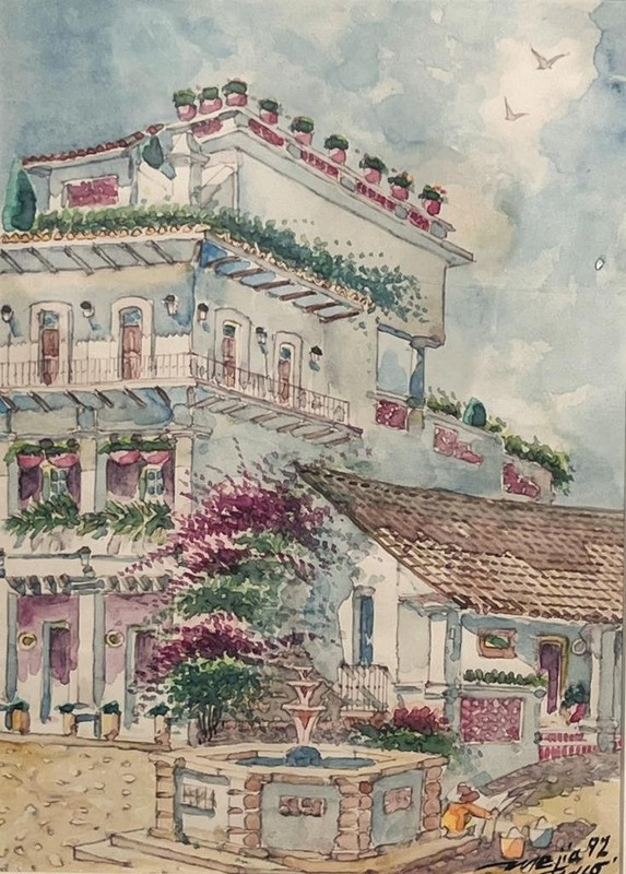 Vintage Mexico Taxco Art Villa Home House Landscape Fountain Watercolor Painting