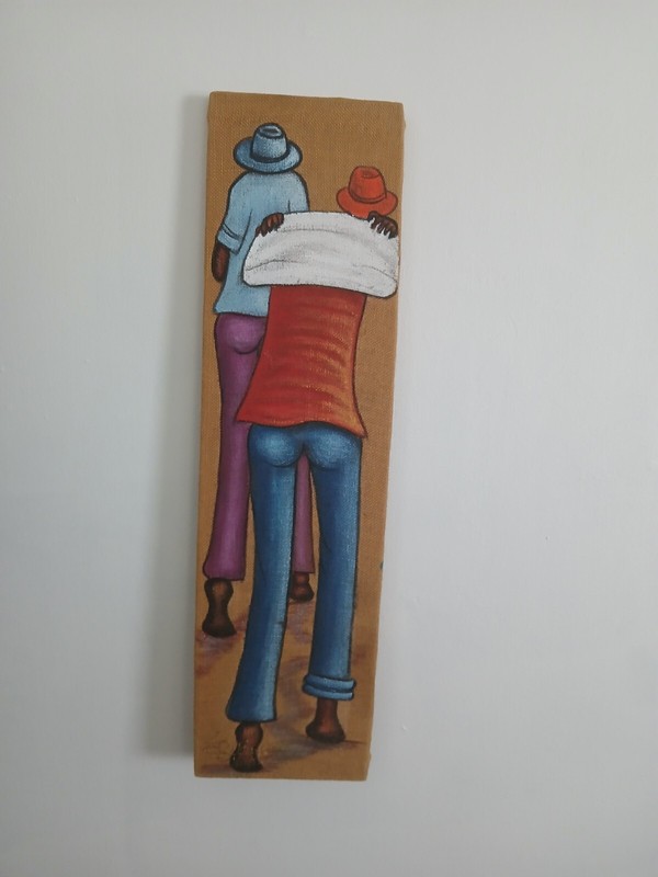 Original Haitian Art Handpainted Painting MEN AT MARKET By Alain Meristal 30"X8" gallery