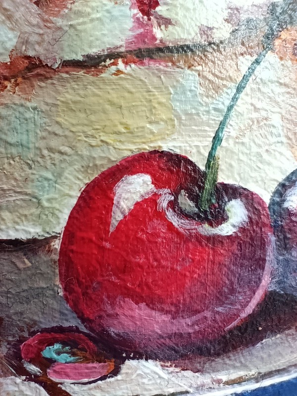 Original Oil Painting Signed Framed Dessert Cherry 4x6 in gallery