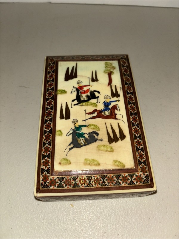 Persian Box with Equestrian Painting with Khatam Inlaid Marquetry 6.25” X 4”