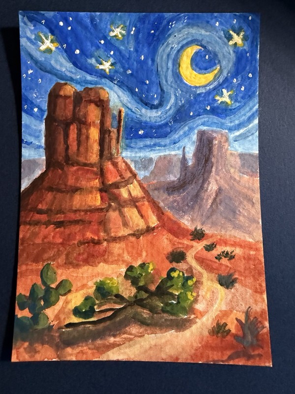 ACEO Original Gouache Painting Monument Valley Moon Dance Cactus Landscape Art