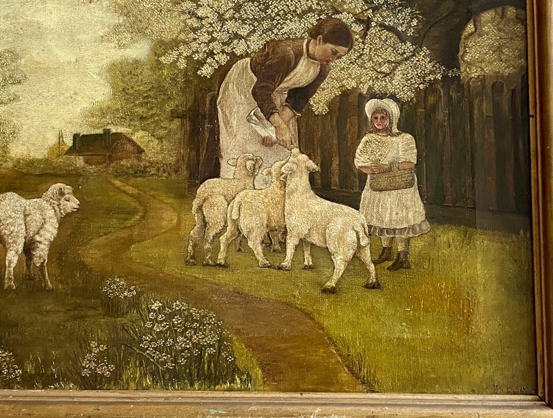 19TH C AMERICAN FOLK ART PAINTING PRIMITIVE OIL ON CANVAS SHEEP PASTURE SIGNED gallery