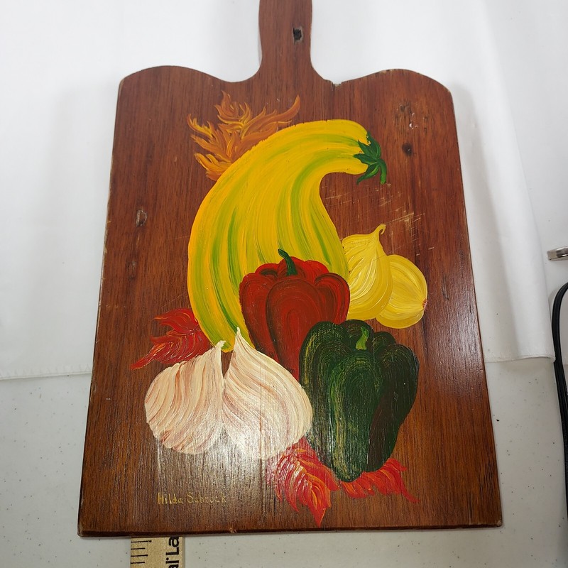 vintage american folk art painting on cutting board signed Hilda Schrock veggies