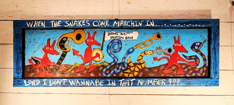 John Sperry Southern Primitive Religious Folk Art Devils & Snakes Painting 16X48 gallery