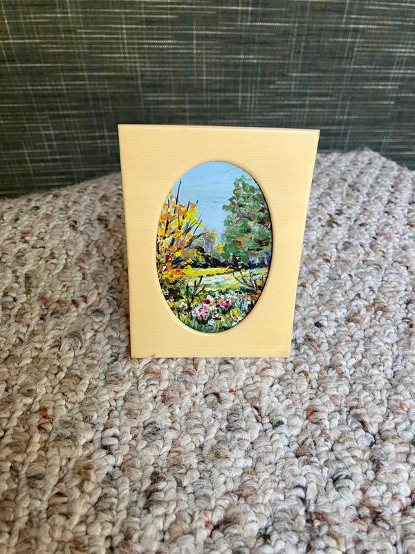 Original Mini ACEO Acrylic Painting, VTG 1930s Oval Bakelite Frame; Landscape