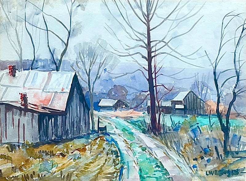 LOUIS BONSIB VTG SIGNED ORIG WATERCOLOR EARLY SPRING INDIANA LANDSCAPE
