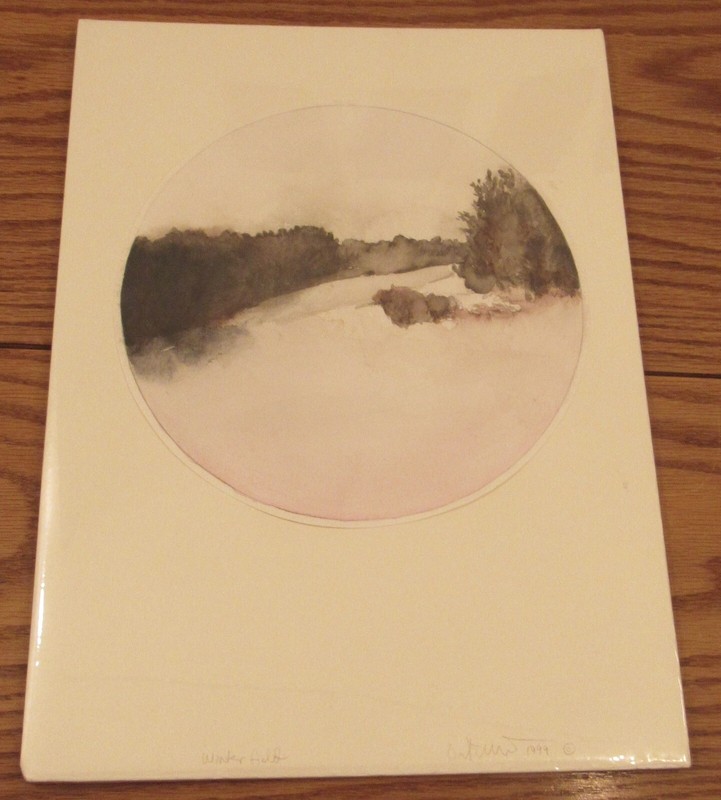 Signed Karen Fitzgerald watercolor landscape painting Winterfield 15x11" gallery
