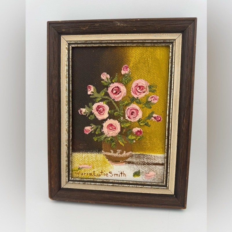 Framed Floral Painting with Pink Roses Signed By Artist