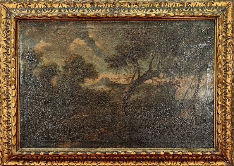 RURAL LANDSCAPE. ANONYMOUS. OIL ON CANVAS. GOLDEN FRAME. XVII-XVIII CENTURY.