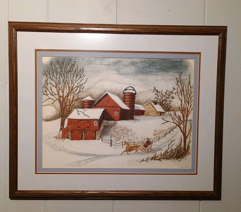 OOAK Thread Painting Winter Country Scene 17.5 X 21.5″ Fiber Art Needlepoint