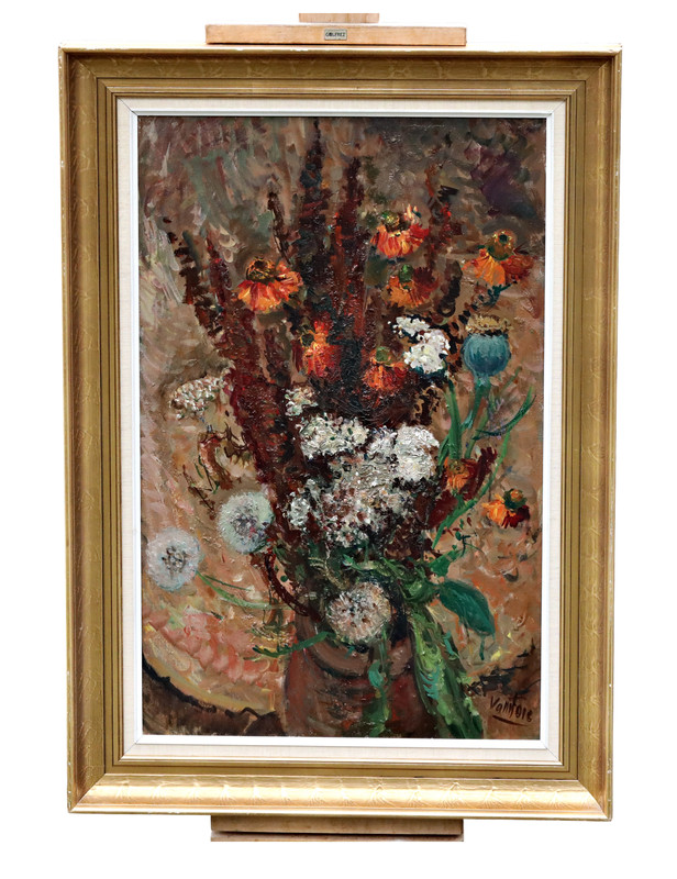 Mogens Vantore Signed Oil Painting Wildflowers Still Life in Vase, Framed