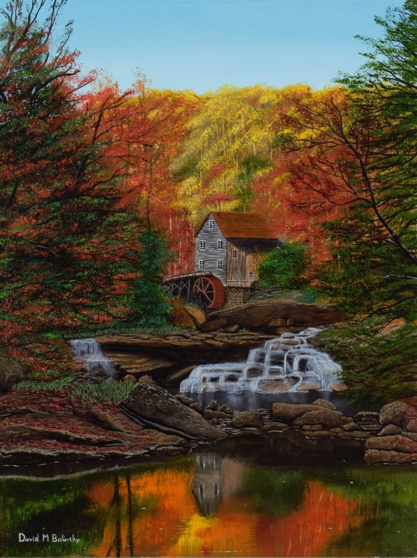 Babcock State Park West Virginia 12x16 inch oil on panel. A beautiful water mill gallery