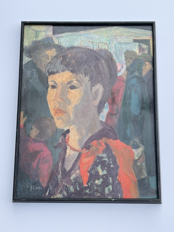 Mid Century Modernism Painting Vintage Pretty Woman Urban 1950 Listed Joan Carl
