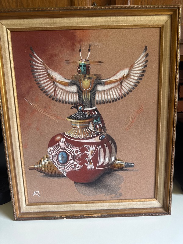 Vtg Native American Sand Painting Navajo Art signed NEZ 21×16” Kachina Pottery