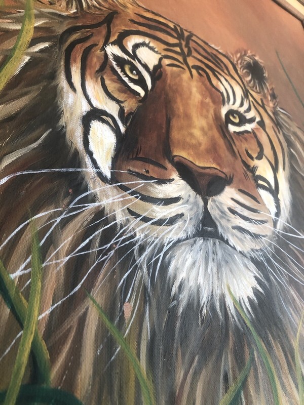 1977 Tiger Cat Canvas Painting In Carved Wood Frame 38 X 32” Signed Helen Sono gallery