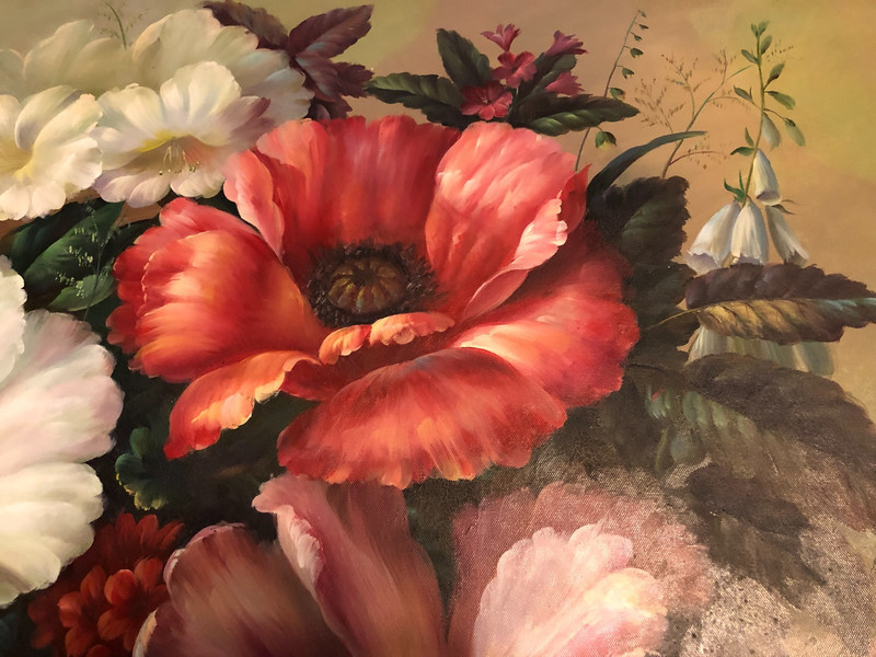 Vintage oil on canvas floral oil painting signed Durrance 24 in. x 36 in. gallery