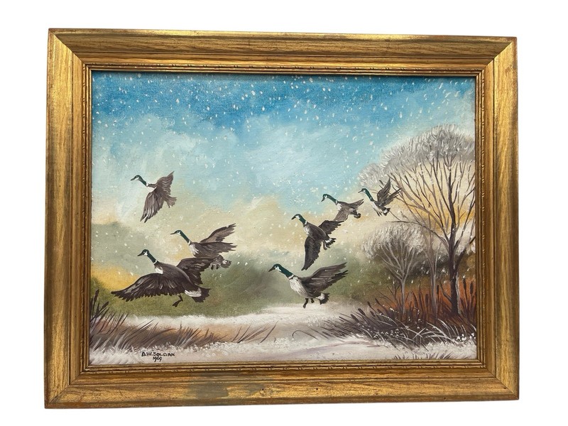 D.W SOLDAN Signed 1969 Winter Flight Of Geese Winter Landscape Orig Painting