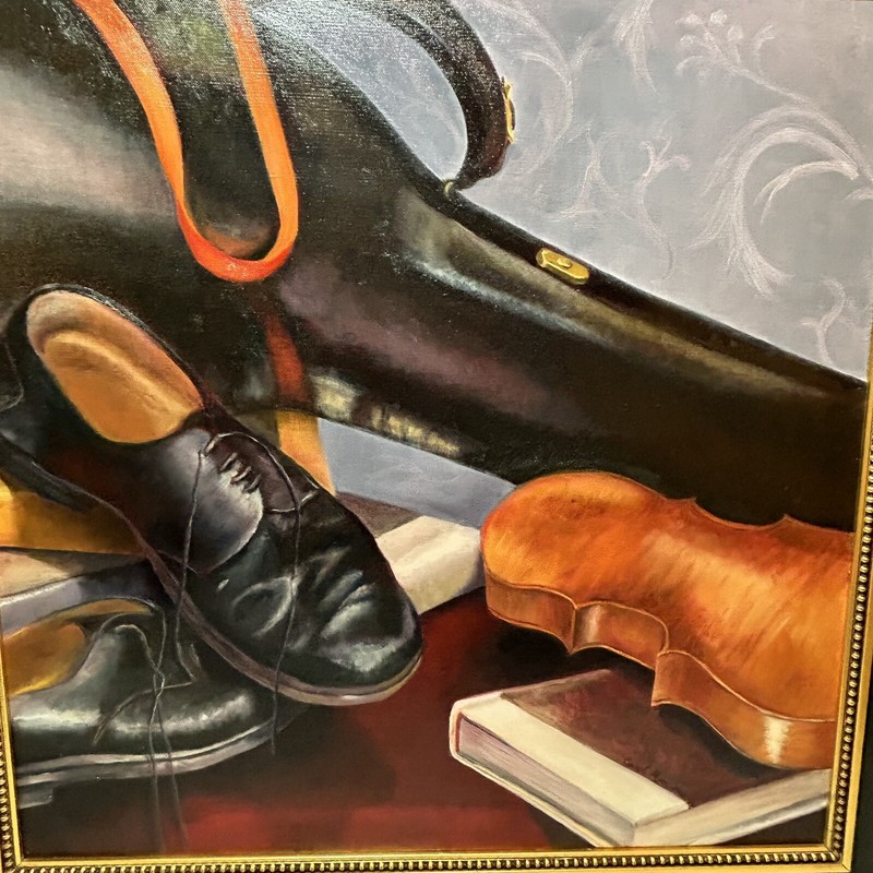 Oil on Canvas Painting Carol Myer Signed Still Life Musician Music Instruments gallery