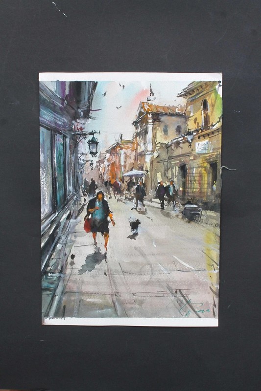 ORIGINAL PAINTING WATERCOLOR ITALY CITY SCENE ROME STREET CITYSCAPE 11x 8 in gallery