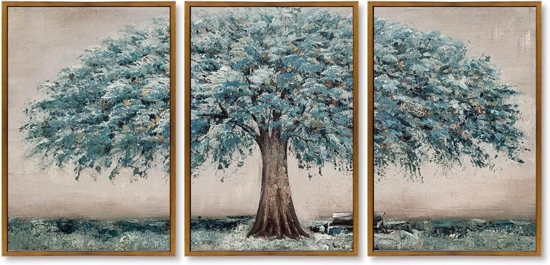 Hand Painted Teal Blue Tree Oil Painting Textured 36″W x 16″H (12X16″ x3) FRAMED